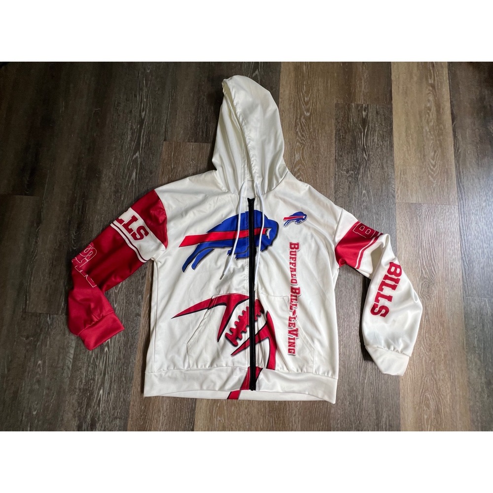 Buffalo Bills Hoodie Mens‎ Large White Full Zip Graphic Bill-Leving
